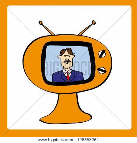 Retro style television set with a male news anchor providing updates and bulletins