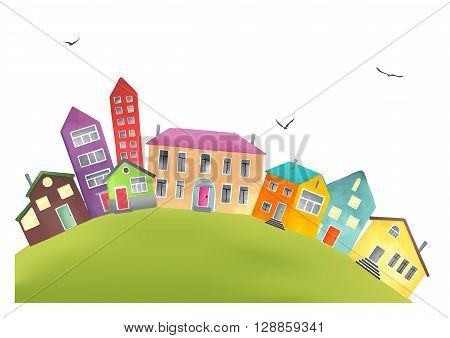 Small cozy town with cartoon houses like from the pages of a children books. Village on the hill isolated on white. Vector illustration.