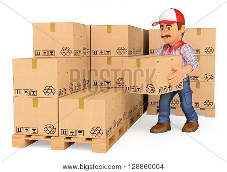 3d working people illustration. Storekeeper stacking boxes in a warehouse. Isolated white background.