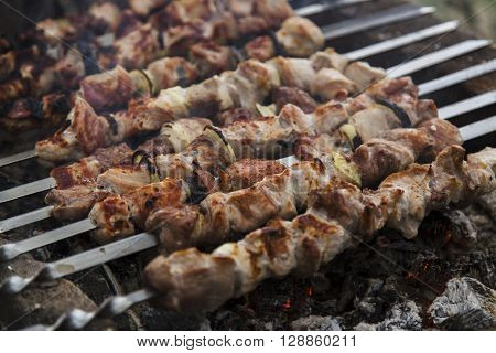 The pork shish kebabs prepared on a brazier for a holiday