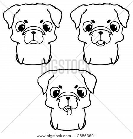 Set of pug puppies. Hand drawn vector illustration isolated on white. Cute little dogs in cartoon style. Friendly and happy sitting puppies. Black and white illustration
