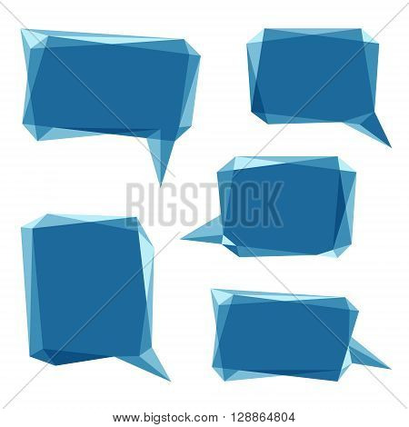 Set of blue low polygon 3d abstract bubbles. Speech balloons for talk in a form of prism. Vector design template.