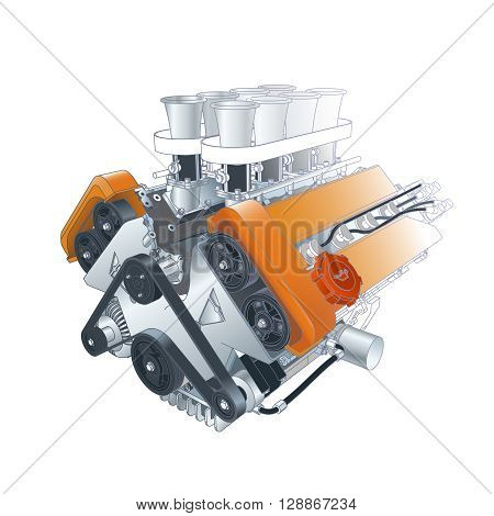 Color Vector Technical Illustration Of V8 Car Motor