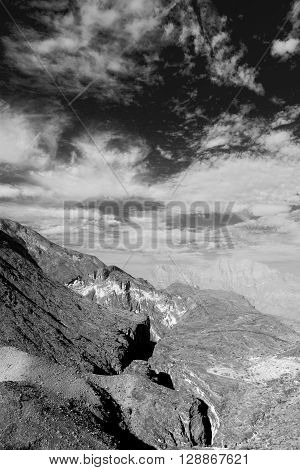 In Oman  The Old Mountain Gorge And Canyon The Deep Cloudy  Sky