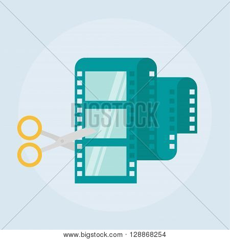 Video editing flat vector icon. Film editing design icon isolated from the background Video edit concept icons in flat style. Video production simple flat icon. Scissors and film strip illustration.