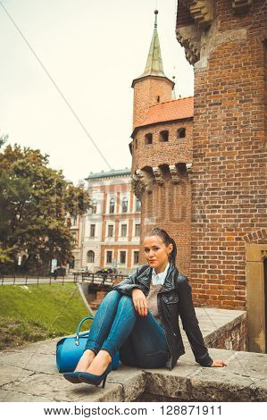 Beautiful girl traveling in the ancient town