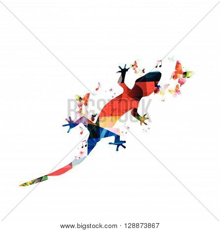 Vector illustration of colorful gecko with butterflies