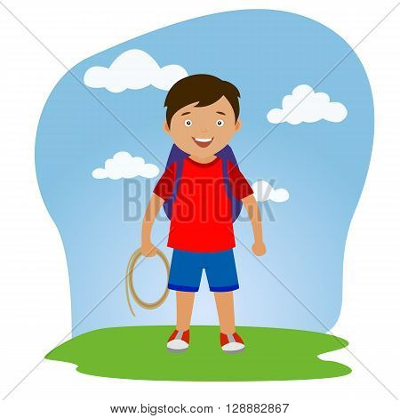 Backpacker boy tourist outdoor grass and sky