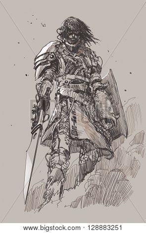 futuristic knight with blade, drawing, sketch illustration