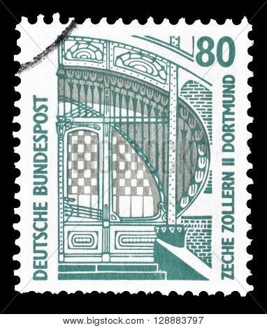 GERMANY - CIRCA 1997 : Cancelled postage stamp printed by Germany, that shows Main entrance of the mine Zollern II in Dortmund.