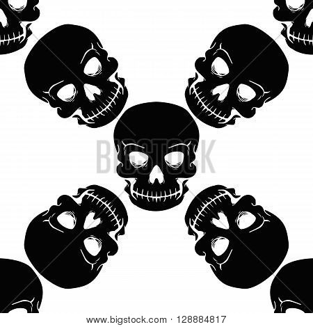 seamless pattern black skulls on a white background.