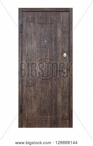 Closed palisander wooden door isolated at white background. Image of a closed door. Entrance to apartment. Dark brown wood, designed and textured front door with lock and handle. Modern Door design.