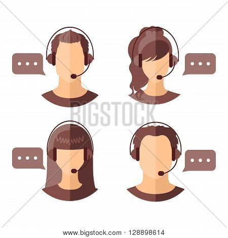 Male and female call center avatars with headset and speech bubbles.  Client services and communication. Call center avatar icons. Vector illustration