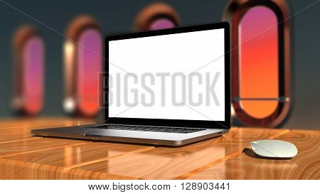 Laptop with blank screen on wood table - laptop whole is sharp. 3D rendering
