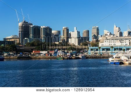 Sydney CBD city view of Barangaroo and Central Business District. Office and residential skyscraper buildings of Sydney NSW Australia