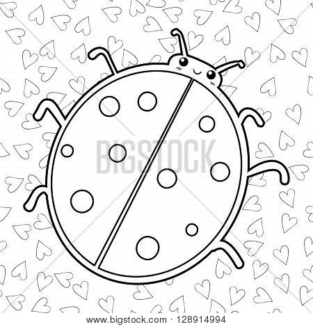 Cute smiling ladybird coloring book page. Outlined illustration of a ladybug. Vector. Hearts on background.