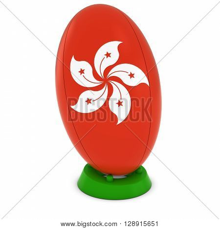 Hong Kong Rugby - Hong Kongese Flag On Standing Rugby Ball - 3D Illustration