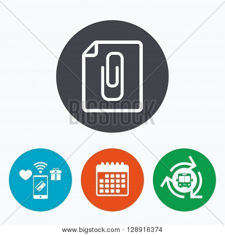 File annex icon. Paper clip symbol. Attach symbol. Mobile payments, calendar and wifi icons. Bus shuttle.