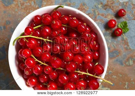 Raw red currants (lat. Ribes rubrum) in bowl photographed overhead on slate with natural light (Selective Focus Focus on the top of the red currants in the bowl)