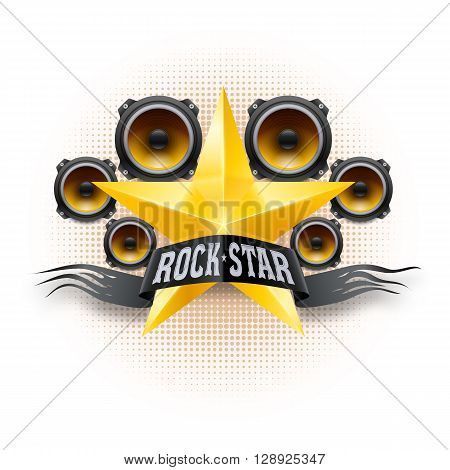 Rock star banner with golden star and acoustic speakers