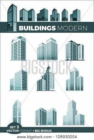 Skyscraper logo building icon set. Black building and isolated skyscraper, tower and office city architecture, house business building logo, apartment office vector illustration