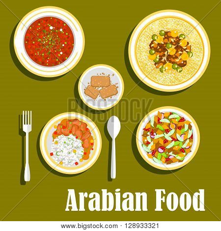Various dishes of regional arab cuisines icon with beef and beans stew with rice, bread salad fattoush with fresh vegetables, hummus with olive oil, beans and spices, tomato and bell pepper warm salad matbucha and cakes basbousa with nuts. Flat style