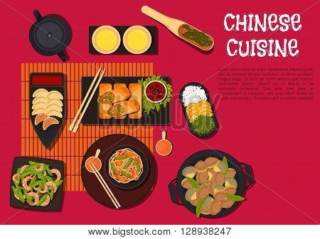 North chinese regional cuisine dishes icon with vegetarian spring pancakes and fried dumplings with sour sauce, spicy shrimps and beans with udon noodles, steamed clams, green pea and prawn salad, white rice, served with orange fruits and crispy seaweed.