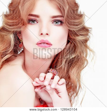 A beautiful young whiteheaded woman is in red clothes, isolated on a white background