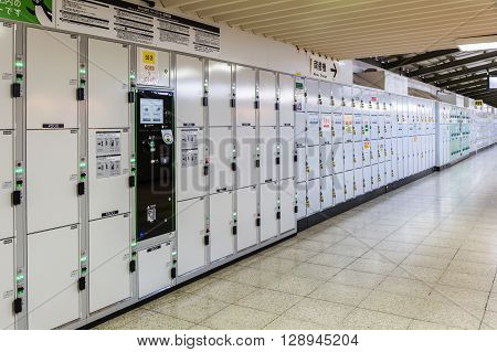 Tokyo Japan - April 12 2016: Coin operated lockers in Japan. Public locker can be found widely available at subway stations and bus stations in Japan.