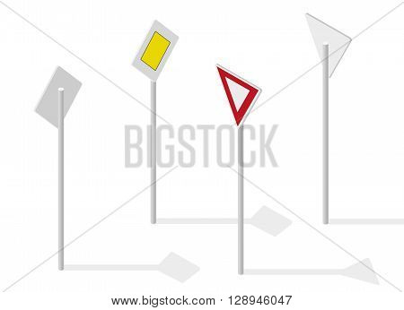 Road sign on street. Street traffic sign. Info graphic, junction crossway on white background. Illustration of crossroads main and side road. Flatten isolated master vector icon.