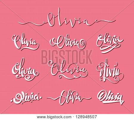 Personal name Olivia. Vector handwritten calligraphy set. Handmade lettering collection
