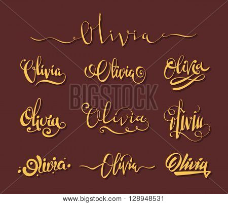 Personal name Olivia. Vector handwritten calligraphy set. Handmade lettering collection