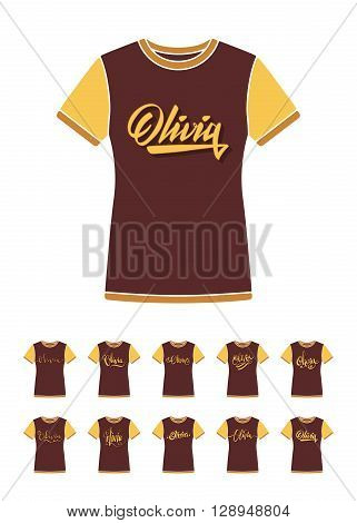 Personal name Olivia. Vector handwritten calligraphy T-Shirt design set