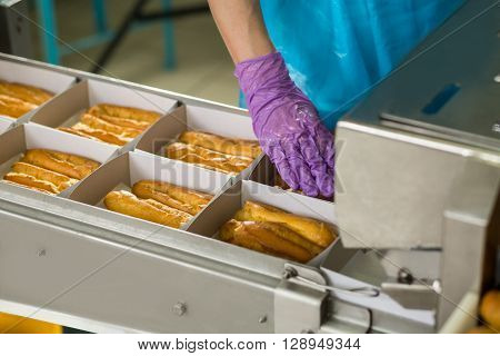 Eclair shell boxes on conveyor. Hand touching box with eclairs. Hand of confectioner in glove. Keep the standard of quality.