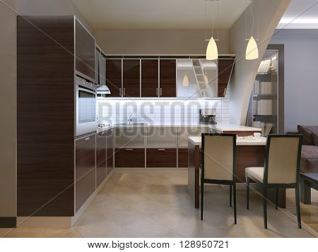 Zebrano kitchen trend with bar. 3D render