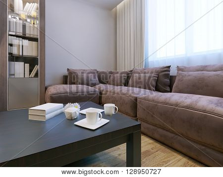 Living room with velvet furniture. Spacious room with sideboard exquisite furniture and beautiful but at the same time strict dark red table. 3D render