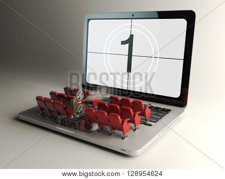 Video player application  or home cinema concept. Laptop and rows of cinema seats, 3d illustration