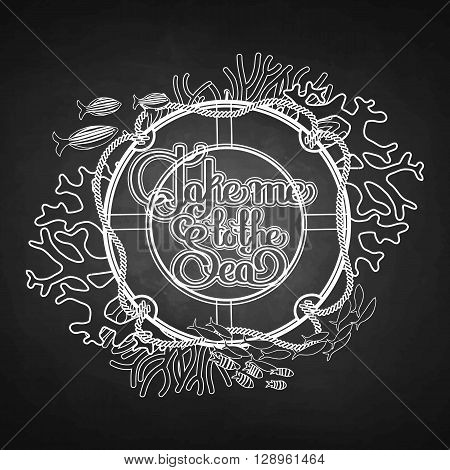 Lifebuoy with corals and ocean fish drawn in line art style.  Vector marine illustration isolated on white background. Coloring book page design