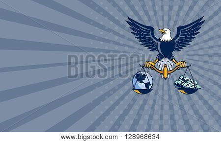 Business card showing illustration of an American bald eagle spead wings holding weighing scale with planet earth on one side and cash money bills on the other set on isolated white background done in retro style.