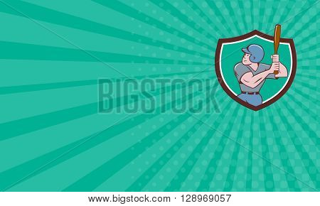 Business card showing illustration of an american baseball player batter hitter with bat batting set inside shield crest done in cartoon style isolated on background.