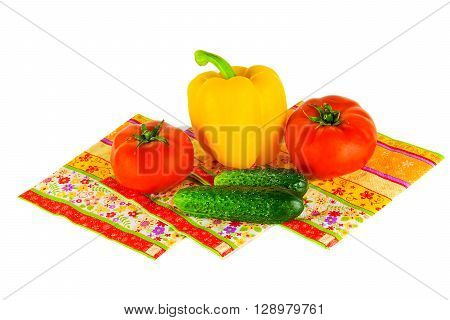 yellow bell pepper, tomato and cucumber salad for spring;