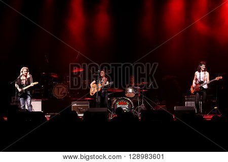 NEW YORK-MAY 6: (L-R) Singers Cathy Henderson, Nini Camps, Dena Tauriello and Kristen Henderson of Antigone Rising performs onstage at the Paramount on May 6, 2016 in Huntington, New York.