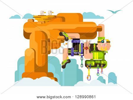 Solo climber. Extreme outdoor climb, risk mountaineer, camera and lead, clock and climbing shoes, backpack and quickdraw, carabiner and harness. Flat vector illustration
