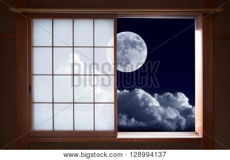 Japanese rice paper sliding window and bright full moon
