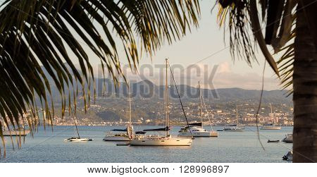 The sailboats moored in Trois Ilets harbour French West Indies.
