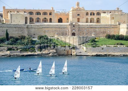 Regatta Of Sailboats In Front Of Fort Manoel On Malta