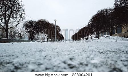 High Level Of Snow And Snow Storm Winter Weather Forecast Alert Day In The City. Trail In The Park C