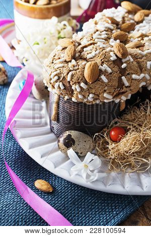 Colomba - Italian Easter Dove Cake On Old Rustic Cyan Wooden Board. Selective Focus, Free Text Space