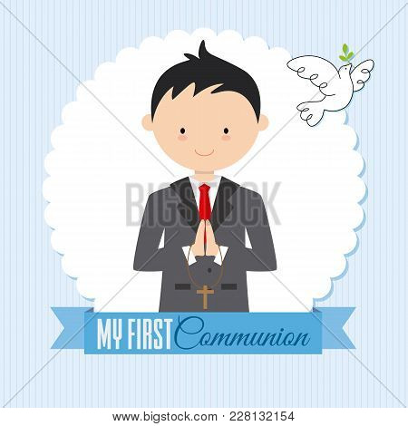 My First Communion Boy. Card Boy Praying And A Pigeon Flying