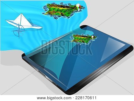 Navigation And Transit Consept. Abstract Map, Water And Paper Boat